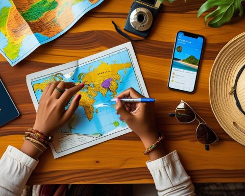 Realistyczne zdjęcie blatu stołu na którym są oparte kobiece ręce, w prawej dłoni trzyma długopis, robi notatki planu podróży, dookoła na stole leżą_ paszport, mapa, smartphon, okulary przeciwsłone (1)