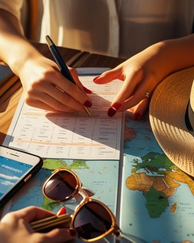 Realistyczne zdjęcie blatu stołu na którym są oparte kobiece ręce, w prawej dłoni trzyma długopis, robi notatki planu podróży, dookoła na stole leżą_ paszport, mapa, smartphon, okulary przeciwsłone (2)